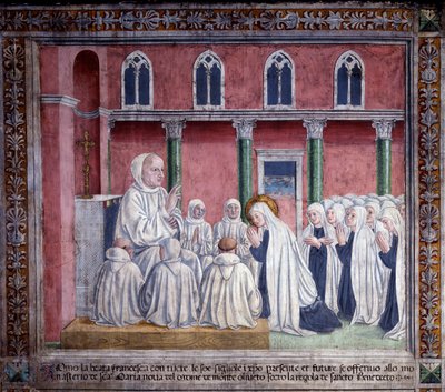 Leben der heiligen Francesca Romana: Die Heilige und die Oblaten bieten sich dem Benediktinerorden an und lassen sich in der Kirche Santa Maria Nova, Rom, nieder (Fresko) von Antoniazzo Romano