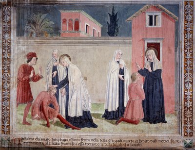 Leben der Heiligen Francesca Romana: Die Heilige heilt einen Mann mit einer Kopfverletzung von Antoniazzo Romano