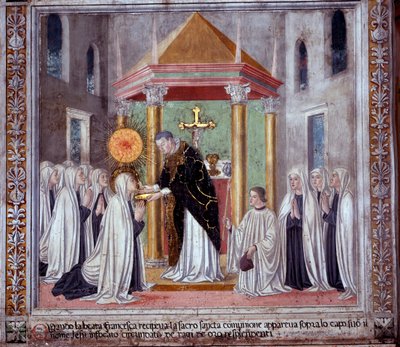 Leben der heiligen Francesca Romana: Als die Heilige die Kommunion empfing, erschien eine leuchtende Kugel über ihr (Fresko) von Antoniazzo Romano