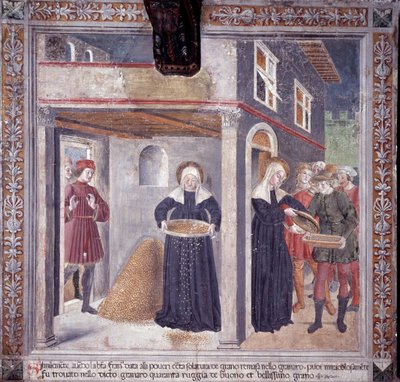 Leben der hl. Francesca Romana: Während einer schweren Hungersnot im Jahr 1402 gibt Francesca ihr gesamtes Getreide den Armen von Antoniazzo Romano