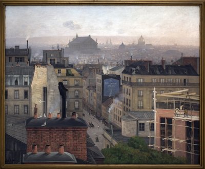 Paris von Montmartre aus gesehen. An der Wand eines der Gebäude eine Werbung für „Die kleine Zeitung“ von Antonin Chittussi