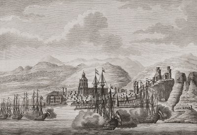 Niederländische Flotte vor Malaga, Spanien 1784, Salut schießend. (Druck) von Antonio (after) Suntach