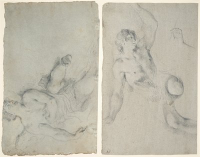 Ein fliegender Engel und ein Engel, der sich mit erhobenem Arm hinunterbeugt von Antonio Balestra