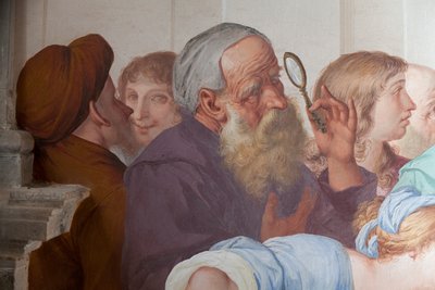 Zuschauer, Fresko von Antonio Busca, 20. Kapelle, Heiliger Franziskus von Papst Gregor IX. kanonisiert, Heiliger Berg von Orta (UNESCO-Welterbeliste, 2003), Orta San Giulio, Piemont, Italien von Antonio Busca