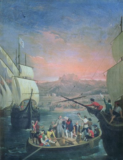 Abfahrt der Santa Maria, der Pinta und der Nina aus Palos im Jahr 1492 von Antonio Cabral Bejarano