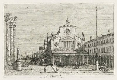 Ansichten: Drei Säulen und eine Statue an der Küste von Antonio Canaletto