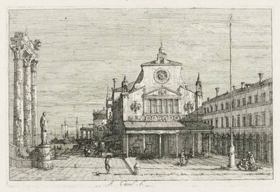 Ansichten: Drei Säulen und eine Statue an der Küste, 1735-1746 von Giovanni Antonio Canal
