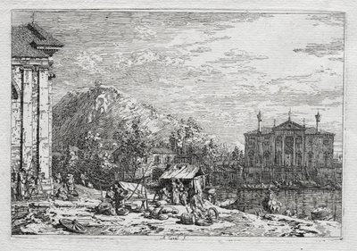 Ansichten von Venedig und Umgebung: Eine Stadt jenseits eines Flusses, 1700er von Giovanni Antonio Canal