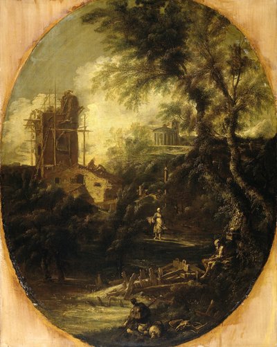 Landschaft mit Einsiedler, Pilger und Bäuerin von Antonio Francesco Peruzzini (attributed to)
