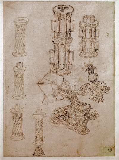 Drei Helme mit Kämmen und zwei zerstörte Kanonenstücke von Antonio Pisanello