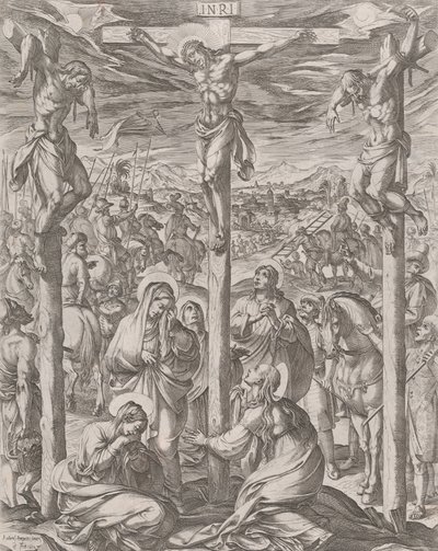 Christus gekreuzigt zwischen den beiden Dieben, die drei Marien am Fuß des Kreuzes, 1612 von Antonio Tempesta