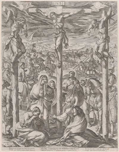 Christus gekreuzigt zwischen den beiden Dieben, die drei Marien am Fuße des Kreuzes von Antonio Tempesta