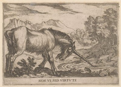 Ein Einhorn vertreibt Eidechsen aus einem Teich von Antonio Tempesta