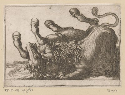 Ein Löwe beißt in den Hals eines Pferdes von Antonio Tempesta