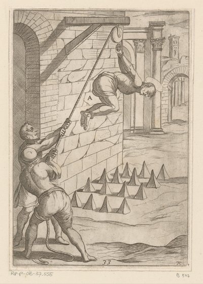 Folter: das Fallenlassen auf scharfe Spitzen (Martyrien der christlichen Märtyrer) (Varia tormentorum et suppliciorum crudelium) von Antonio Tempesta
