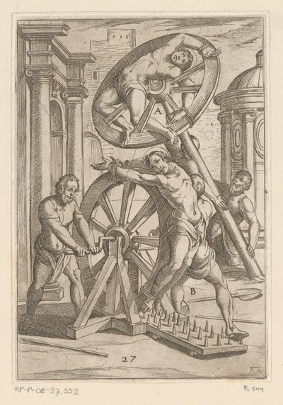 Folterung mit scharfen Spitzen und Rädern (Martelingen ondergaan door christelijke martelaars) (Varia tormentorum et suppliciorum crudelium) von Antonio Tempesta