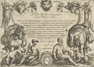 Frontispiz mit Jägern, Hunden und Pferden (aus 