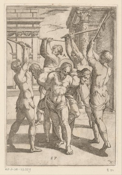 Das Schlagen von drei Heiligen, die Rücken an Rücken gebunden sind von Antonio Tempesta