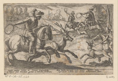 Jäger fangen Hirsche mit Seilen (Diverse Jagd- und Kampfszenen, Venationes Ferarum, Avium, Piscium Pugnae bestiariorum: et mutuae bestiarum) von Antonio Tempesta