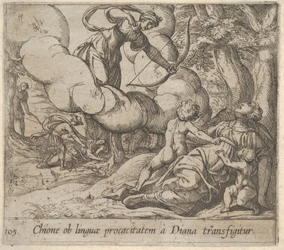 Platte 105: Diana zielt mit ihrem Bogen auf Chione, die von zwei Kindern begleitet wird, 1606 von Antonio Tempesta