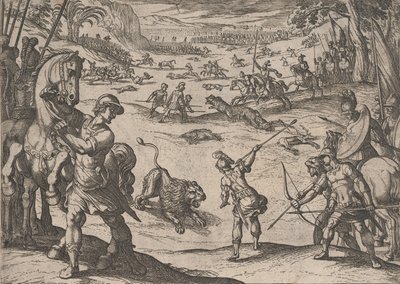 Tafel 11: Alexanders Löwenjagd, aus Die Taten Alexanders des Großen, 1608 von Antonio Tempesta