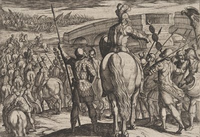 Tafel 24: Die Vorhut der neuen römischen Truppen wird zurückgeschlagen, aus Der Krieg der Römer (1611) von Antonio Tempesta