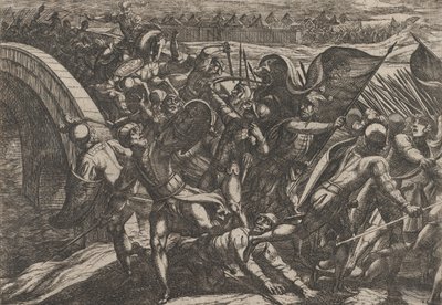 Tafel 27: Die Niederländer während eines Überraschungsangriffs auf das römische Lager an der Mosel, aus The Wa..., 1611 von Antonio Tempesta