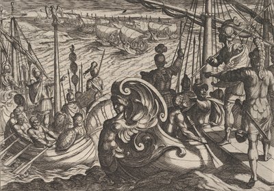 Tafel 33: Niederländische und römische Flottillen am Rhein, aus Der Krieg der Römer gegen die B..., 1611 von Antonio Tempesta