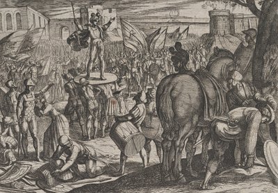 Platte 5: Bruno zum Anführer der Caninefaten ernannt, aus Der Krieg der Römer gegen die..., 1611 von Antonio Tempesta