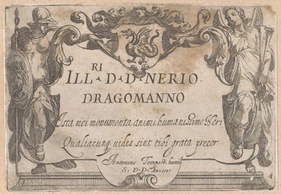 Titelblatt mit Kartusche und Widmung, flankiert von Minerva und Ruhm von Antonio Tempesta