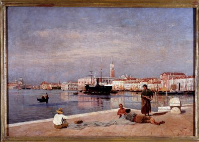 Blick auf die Lagune von Venedig von einem Dock von Antonio Varni