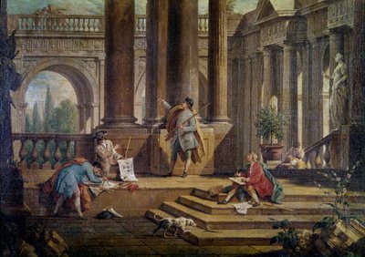 Restaurierungsarbeiten an einer Villa. Architekten bei der Arbeit (Detail) von Antonio Visentini