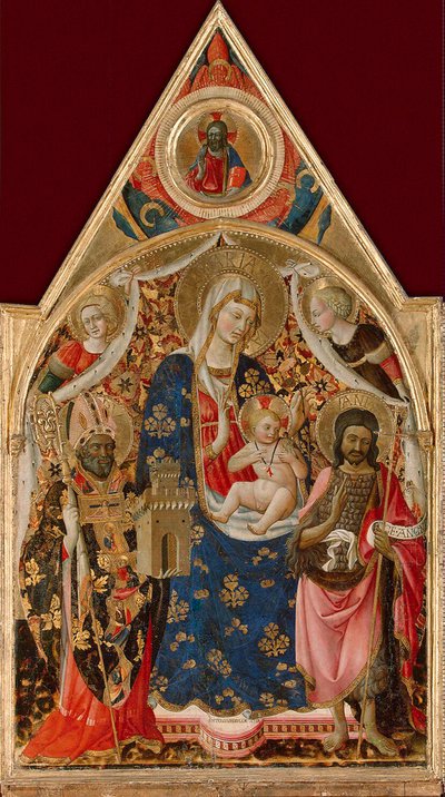 Madonna und Kind, mit einem Bischof, Johannes dem Täufer und Engeln, frühes 15. Jahrhundert von Antonio da Firenze