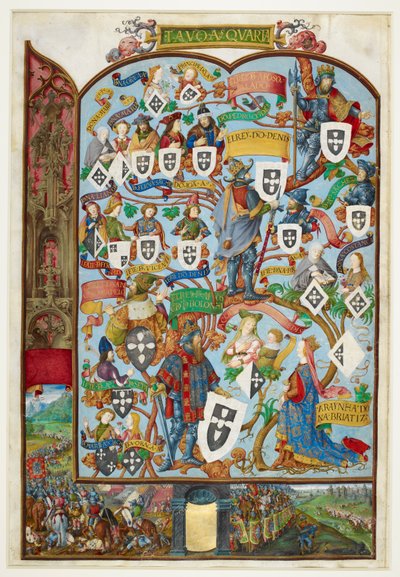 Stammbaum der Könige von Portugal, der die Abstammung von Sancho Capello und Alfonso III. zeigt. Unterer Rand: die Schlacht von Salado im Jahr 1340 von Antonio de Hollanda