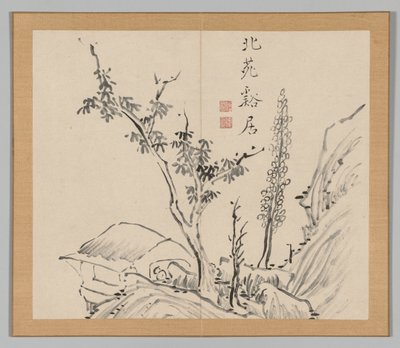 Doppelalbum mit Landschaftsstudien nach Ikeno Taiga, Band 2 Blatt 13, 18. Jahrhundert von Aoki Shukuya