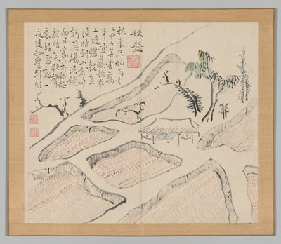 Doppelalbum mit Landschaftsstudien nach Ikeno Taiga, Band 2 Blatt 35, 18. Jahrhundert von Aoki Shukuya
