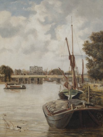 Der gegenwärtige Hammersmith-Brücke im Bau mit der temporären Brücke, 1886 von Archibald Webb