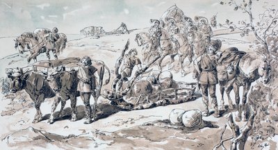 Ochsen ziehen einen primitiven Schlitten beladen mit Steinen, 1886 von Armand Jean Heins