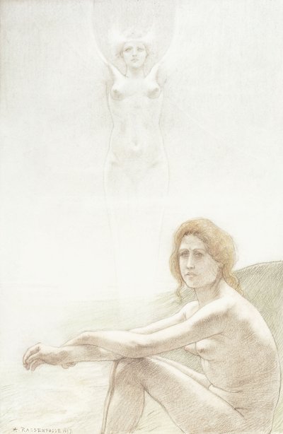 Sitzender weiblicher Akt mit geisterhafter weiblicher Figur im Hintergrund von Armand Rassenfosse