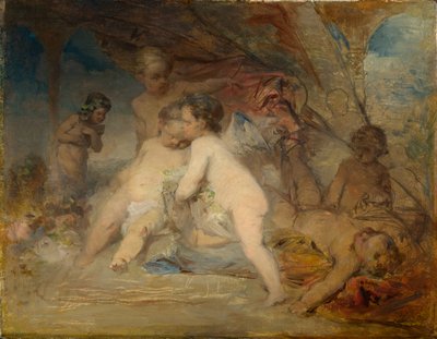 Putti und ein junger Eros in einem Waldtal von Arnold Böcklin