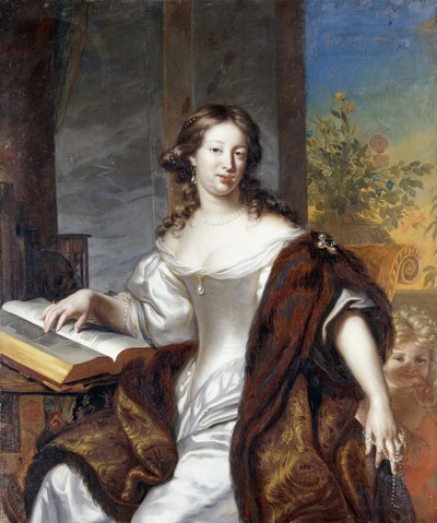 Porträt einer Dame, sitzend, dreiviertel Länge, in einem weißen Kleid und einem pelzgefütterten Umhang von Arnold Boonen