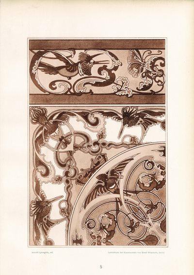 Jugendstil-Ornamentdesign mit Vögeln und Schmetterlingen von Arnold Lyongrün