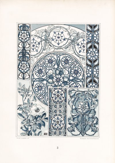 Blaue und weiße Wildrosen-Motive und ornamentale Strukturen (Lithografie) von Arnold Lyongrün