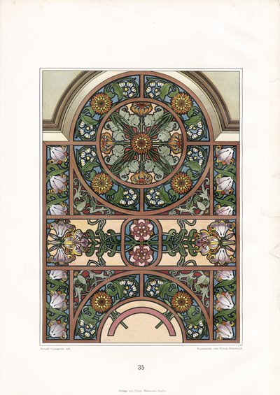 Ornamentaler Fensterbogen mit Sonnenblumen und Tulpen von Arnold Lyongrün