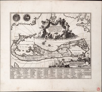 Mappa Aestivarum Insularum, alias Barmudas dictarum. Einzelseite, Gravur von Arnoldus Montanus