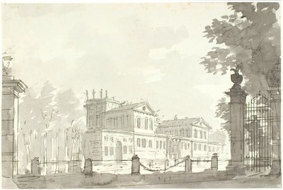 Palast in einem eingezäunten Park, rechts ein Gittertor von Aron Wallick