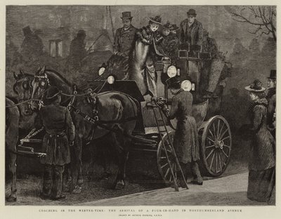 Kutschfahrt im Winter, die Ankunft eines Vierspänners in der Northumberland Avenue von Arthur Hopkins