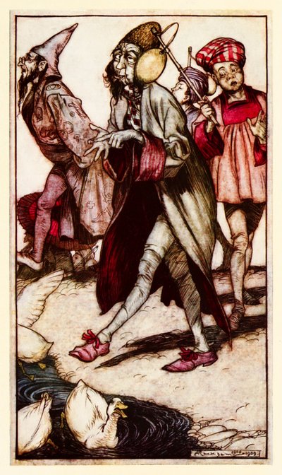 Ein Laputischer Gentleman beim Spaziergang, aus Teil III: Eine Reise nach Laputa usw. in Gullivers Reisen von Jonathan Swift von Arthur Rackham