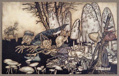 Eine Gruppe von Arbeitern, die einen Pilz absägten, rannte davon und ließ ihre Werkzeuge zurück, aus Peter Pan in Kensington Gardens von J M Barrie, veröffentlicht 1906 von Arthur Rackham