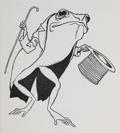Ein Frosch mit Zylinder und Frack, der einen Stock trägt von Arthur Rackham